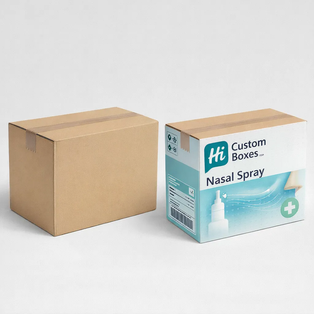Plain brown cardboard shipping box next to a branded blue and white nasal spray carton. class=